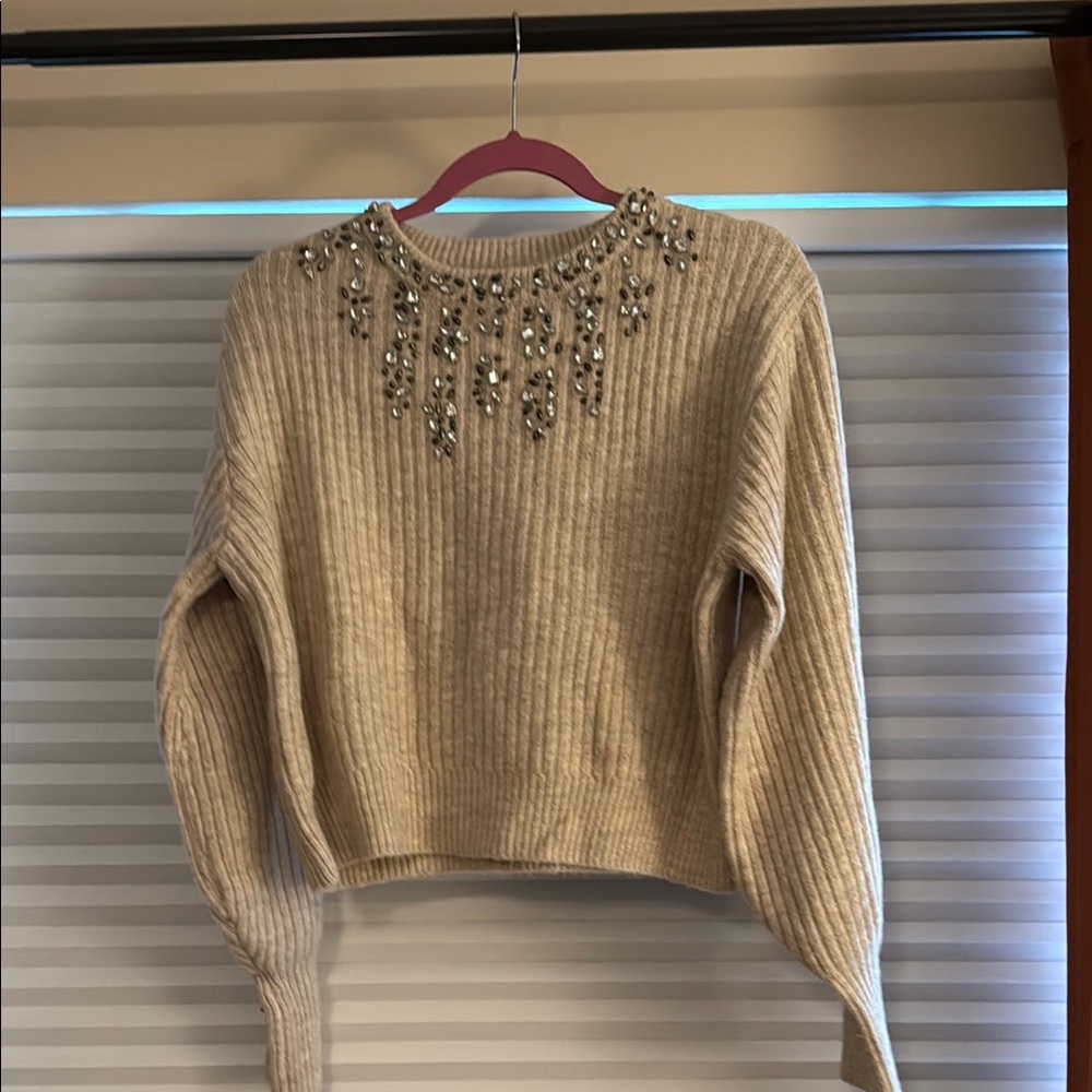 Boheme Cream Crew Neck Sweater with Embellished Neckline